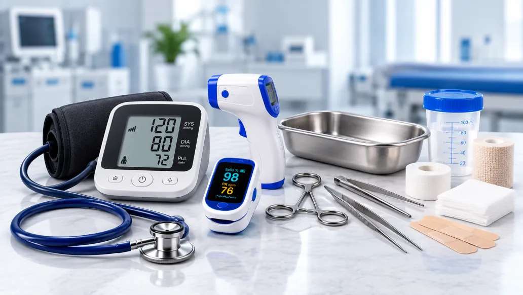 Blood pressure monitor, thermometer, oximeter and surgical instruments