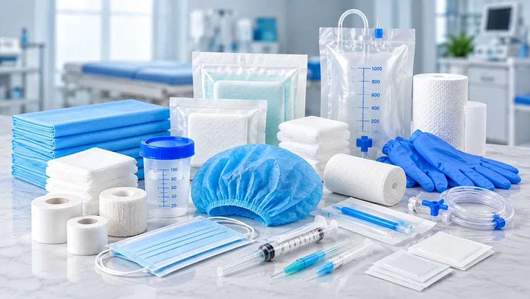 Masks, caps, gloves, syringes and urine bags