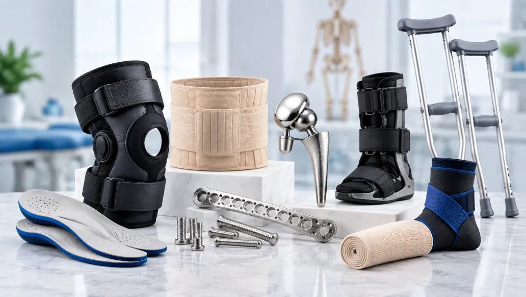 Knee brace, lumbar support, implants and walking boot