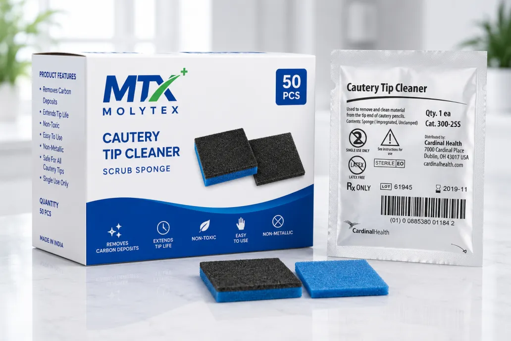 Molytex cautery tip cleaner scrub sponges and packaging